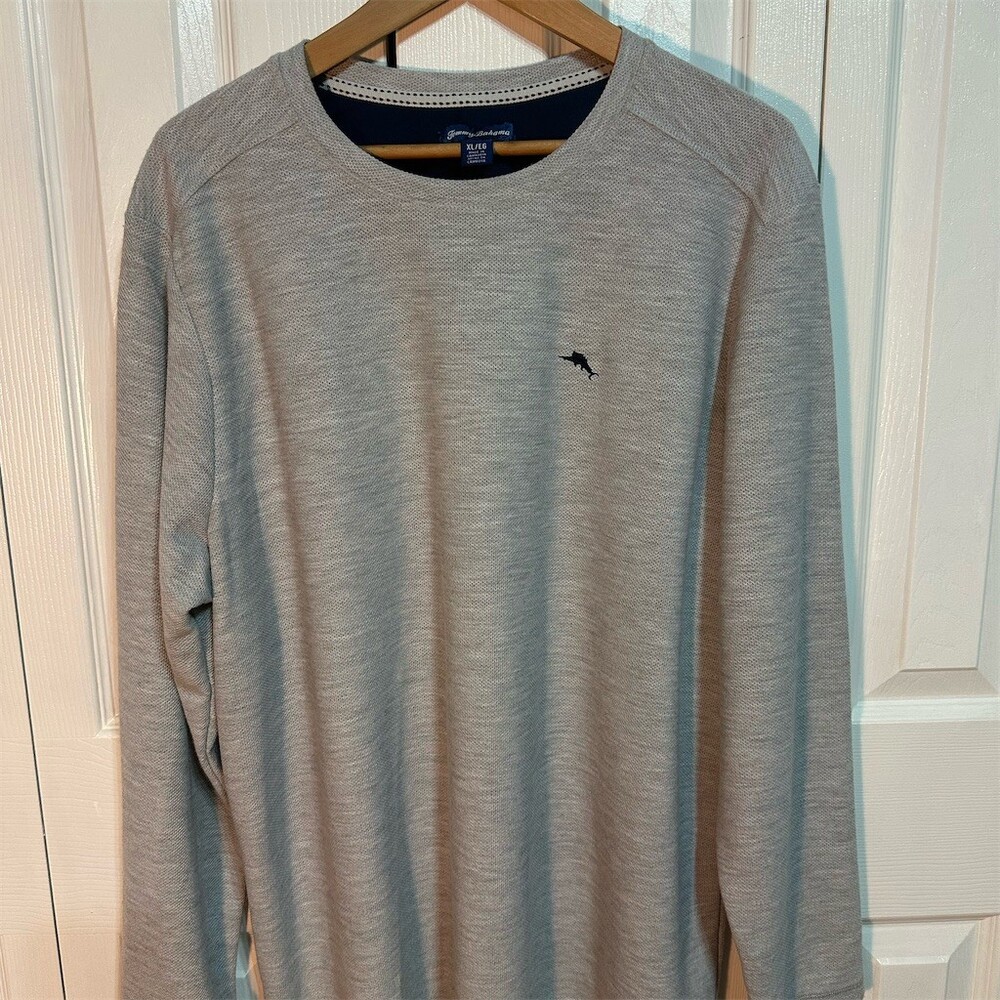 Tommy Bahama Shirt Mens XL Gray Waffle Knit Long Sleeve Crewneck Logo